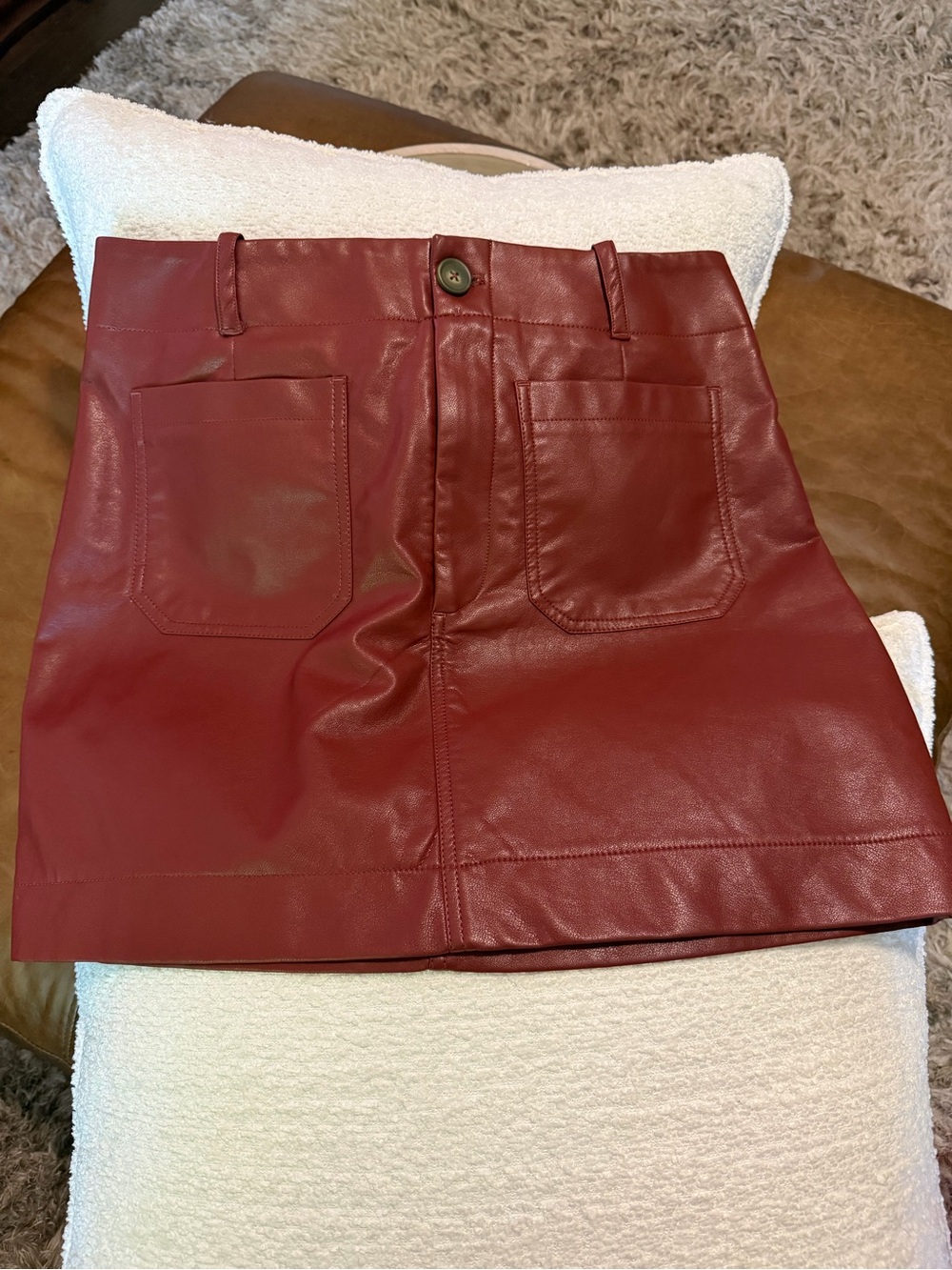 Mauve Burgundy Faux Leather Mini Skirt with Front Patch Pockets